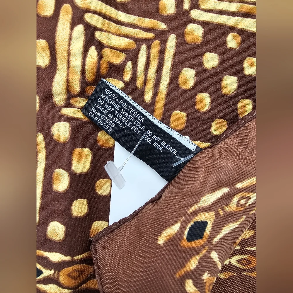 NWT Jones New York Made in Italy Scarf | Brown & Gold Geometric Silk-Feel Neck